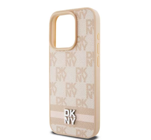 DKNY PU Leather Checkered Pattern and Stripe iPhone 14 Pro hátlap tok, rózsaszín