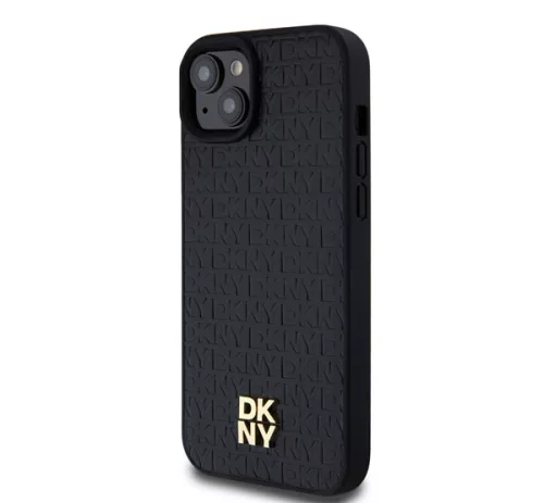 DKNY PU Leather Repeat Pattern Stack Logo Apple iPhone 15 Plus Magsafe kompatibilis hátlap tok, fekete