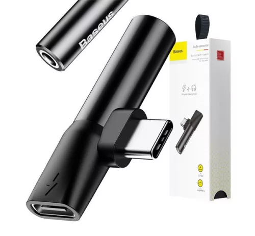 Baseus USB-C-USB-C+Mini Jack 3,5 mm audio adapter, fekete