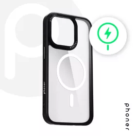   Phoner Custom Hybrid Apple iPhone 15 Pro MagSafe kompatibilis hátlap tok, fekete (fekete gombokkal)