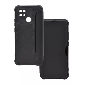   Xiaomi Redmi 10C, Oldalra nyíló tok, légpárnás sarok, bőrhatású, karbon minta, Razor Book, fekete