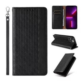   Samsung Galaxy S22 Plus 5G SM-S906, Oldalra nyíló tok, stand, kártyatartóval, kézpánttal, bőrhatású, fonott minta, mintás/fekete