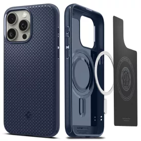   Apple iPhone 15 Pro Max, Műanyag hátlap védőtok + szilikon keret, Magsafe töltővel kompatibilis, Spigen Mag Armor, sötétkék