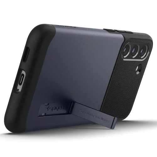 Samsung Galaxy S23 FE SM-S711, Szilikon tok, műanyag hátlappal, kitámasztóval, Spigen Slim Armor, sötétkék