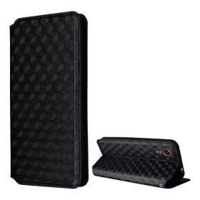   Samsung Galaxy Xcover 7 SM-G556B, Oldalra nyíló tok, bőrhatású, stand, Teljes 3D rombusz minta, prémium, fekete