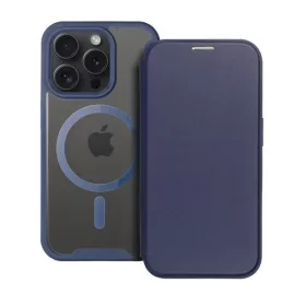   Apple iPhone 15 Pro Max, Oldalra nyíló tok, kártyatartóval, átlátszó hátlap, Magsafe kompatibilis, Smart Mag, sötétkék
