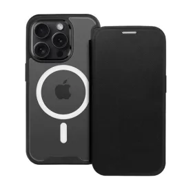   Apple iPhone 15 Plus, Oldalra nyíló tok, kártyatartóval, átlátszó hátlap, Magsafe kompatibilis, Smart Mag, fekete