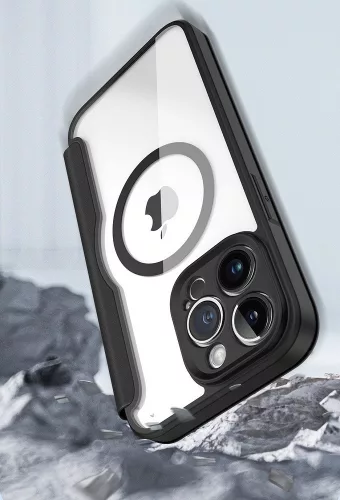 Apple iPhone 16, Oldalra nyíló tok, stand, közepesen ütésálló, Magsafe kompatibilis, Dux Ducis Skin Pro Magsafe, fekete