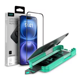   Apple iPhone 15 / 16, Kijelzővédő fólia, ütésálló fólia (az íves részre is!), Tempered Glass (edzett üveg), segéd kerettel, ESR Armorite, fekete