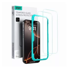   Apple iPhone 15 Plus / 16 Plus, Kijelzővédő fólia, ütésálló fólia (az íves részre NEM hajlik rá!), Tempered Glass (edzett üveg), segéd kerettel, ESR, Clear, 2 db / csomag