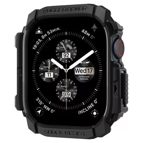 Apple Watch 10-11 (42 mm), Szilikon védőkeret, ütésálló, szíj nélkül, Spigen Rugged Armor, fekete