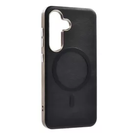   Samsung Galaxy A56 5G SM-A566B, Szilikon tok, ECO bőrhatású hátlap, fém hátsó kamera keret, Magsafe töltővel kompatibilis, fekete