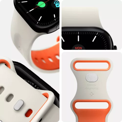 Apple Watch 4-6, SE, SE (2022), SE (2025) (38 / 40 mm) / Watch 7-9 (41 mm) / Watch 10-11 (42 mm), szilikon pótszíj, állítható, Spigen Nano Pop, bézs/narancs