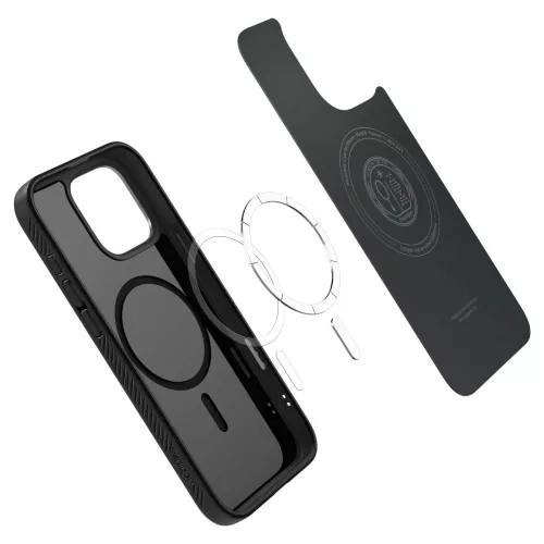 Apple iPhone 16 Pro, Szilikon tok, Magsafe töltővel kompatibilis, háromszög minta, érintő funkciós gombfedéllel, Spigen Liquid Air "T" Mag, fekete