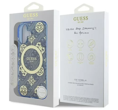 Guess IML Peony On 4G Background iPhone 16 MagSafe kemény hátlap tok, kék GUHMP16SH4PYEEB