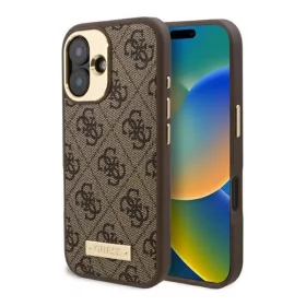   Guess 4G Logo Plate iPhone 16 MagSafe kemény hátlap tok, barna GUHMP16SU4GPRW