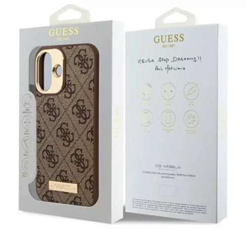 Guess 4G Logo Plate iPhone 16 MagSafe kemény hátlap tok, barna GUHMP16SU4GPRW