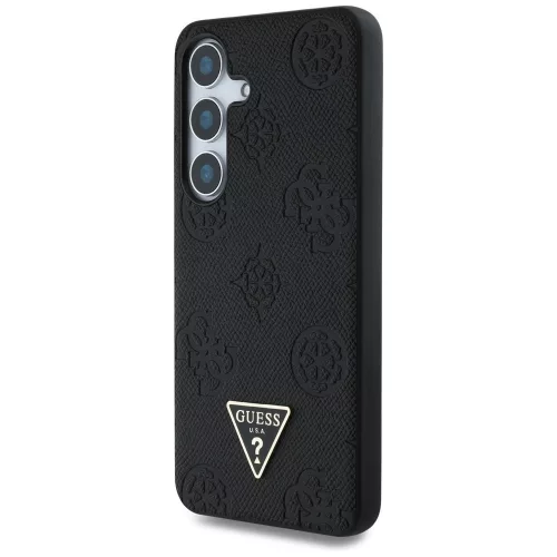 Guess Grained Hot Stamp Peony Pattern Triangle Logo Samsung Galaxy S25 MagSafe kemény hátlap tok, fekete