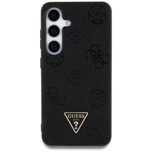 Guess Grained Hot Stamp Peony Pattern Triangle Logo Samsung Galaxy S25 MagSafe kemény hátlap tok, fekete