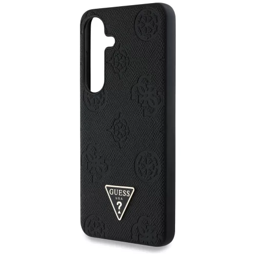 Guess Grained Hot Stamp Peony Pattern Triangle Logo Samsung Galaxy S25 MagSafe kemény hátlap tok, fekete