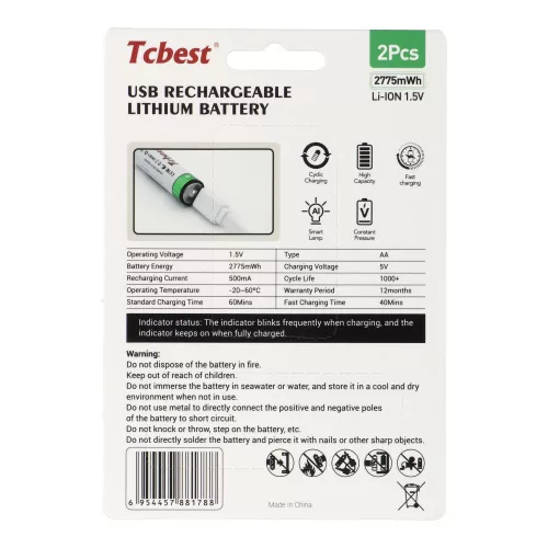 TCBEST újratölthető R6 (AA) elem 750 mAh, USB-C csatlakozóval és töltőkábellel (2db)