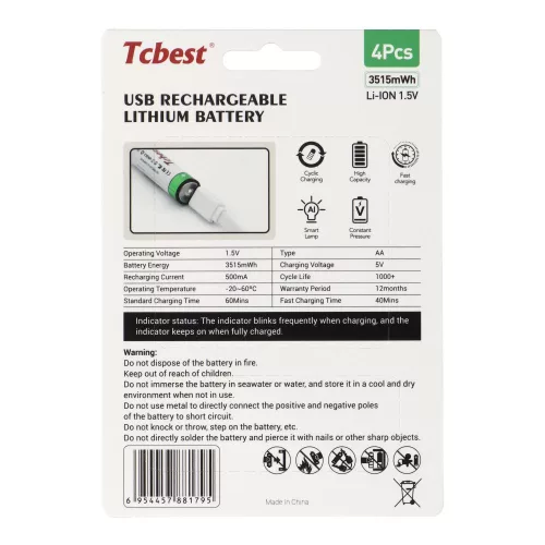 TCBEST újratölthető R6 (AA) elem 950 mAh, USB-C csatlakozóval és töltőkábellel (4db)