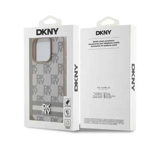 DKNY PU Leather Checkered Pattern and Stripe iPhone 15 Pro Max hátlap tok, bézs