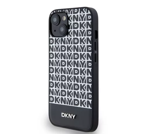 DKNY PU Leather Repeat Pattern Bottom Stripe Apple iPhone 13 Magsafe kompatibilis hátlap tok, fekete