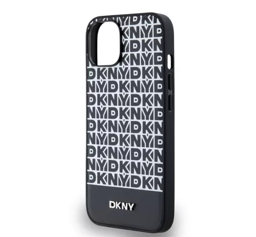 DKNY PU Leather Repeat Pattern Bottom Stripe Apple iPhone 13 Magsafe kompatibilis hátlap tok, fekete