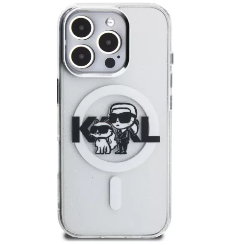 Karl Lagerfeld IML Glitter Karl and Choupette Sketch iPhone 15 Pro Max MagSafe kompatibilis hátlap tok, átlátszó