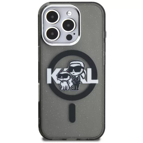 Karl Lagerfeld IML Glitter Karl and Choupette Sketch iPhone 16 Pro Max MagSafe kompatibilis hátlap tok, fekete