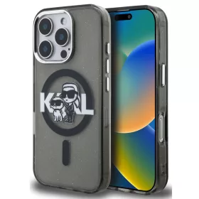   Karl Lagerfeld IML Glitter Karl and Choupette Sketch iPhone 16 Pro MagSafe kompatibilis hátlap tok, fekete