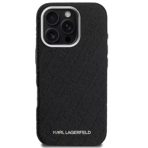 Karl Lagerfeld Grained PU Repeated Logo iPhone 16 Pro MagSafe kompatibilis hátlap tok, fekete