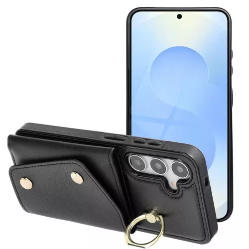 Wonder Samsung Galaxy A56 kártyatartós tok gyűrűs kitámasztóval, csuklóra / vállra akasztható pánttal, fekete