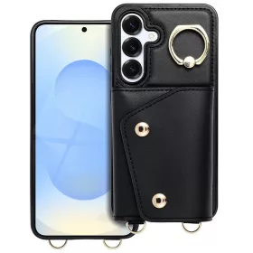   Wonder Samsung Galaxy A36 5G kártyatartós tok gyűrűs kitámasztóval, csuklóra / vállra akasztható pánttal, fekete
