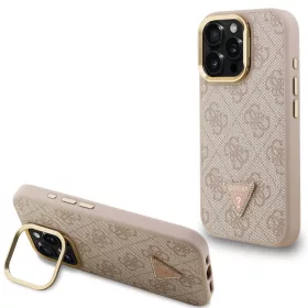   Guess PU 4G Strass Triangle Logo Apple iPhone 15 Pro Max MagSafe tok kitámasztható kamera peremmel, rózsaszín-arany