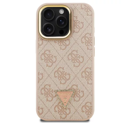 Guess PU 4G Strass Triangle Logo Apple iPhone 15 Pro Max MagSafe tok kitámasztható kamera peremmel, rózsaszín-arany