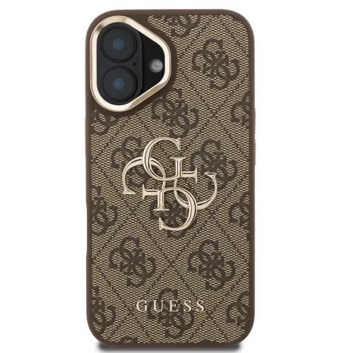 Guess PU 4G Metal Logo Apple iPhone 16 hátlap tok kitámasztható kamera peremmel, barna-arany