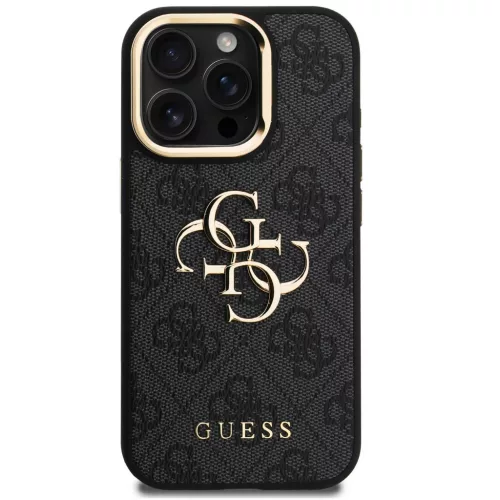Guess PU 4G Metal Logo Apple iPhone 15 Pro hátlap tok kitámasztható kamera peremmel, fekete-arany