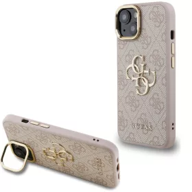   Guess PU 4G Metal Logo Apple iPhone 15 hátlap tok kitámasztható kamera peremmel, rózsaszín-arany