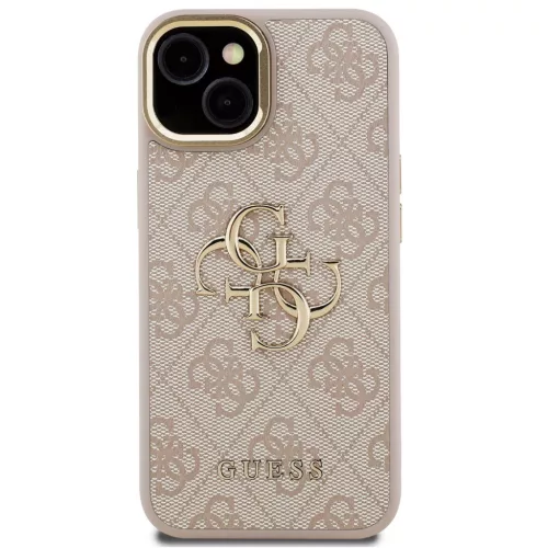 Guess PU 4G Metal Logo Apple iPhone 15 hátlap tok kitámasztható kamera peremmel, rózsaszín-arany