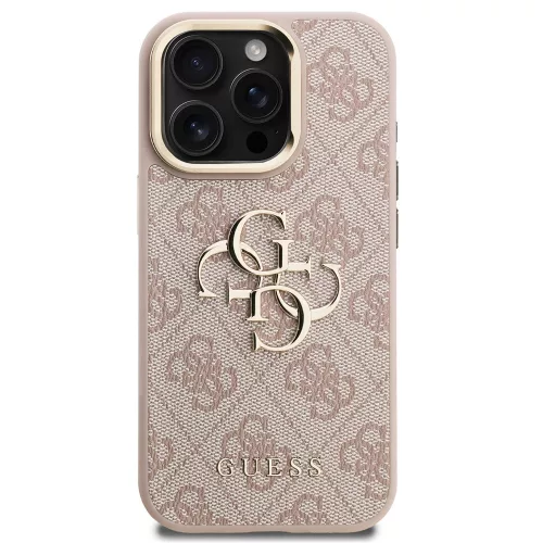 Guess PU 4G Metal Logo Apple iPhone 15 Pro Max hátlap tok kitámasztható kamera peremmel, rózsaszín-arany