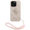 Guess PU 4G Metal Logo Strap Apple iPhone 15 Pro Max hátlap tok korall színű karpánttal, rózsaszín-arany