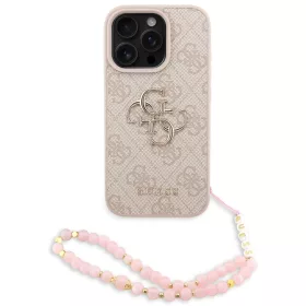   Guess PU 4G Metal Logo Strap Apple iPhone 15 Pro Max hátlap tok korall színű karpánttal, rózsaszín-arany