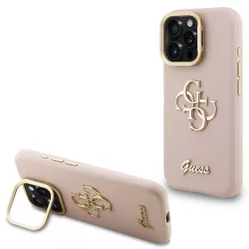   Guess PU Grained 4G Logo Stand Camera Frame iPhone 15 Pro hátlap tok kitámasztóval, rózsaszín