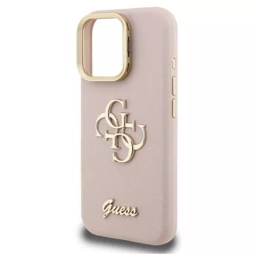 Guess PU Grained 4G Logo Stand Camera Frame iPhone 15 Pro hátlap tok kitámasztóval, rózsaszín