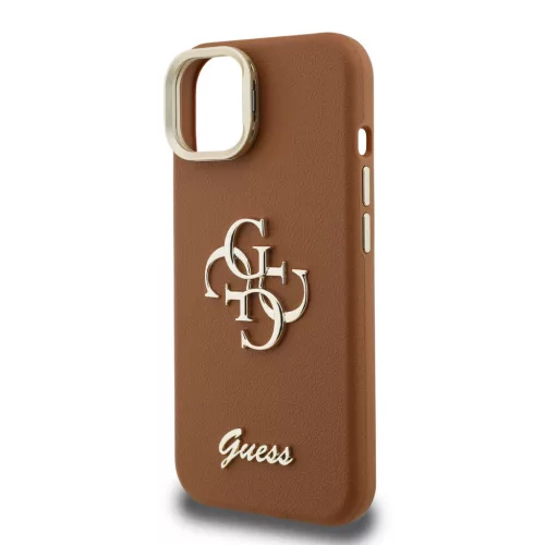 Guess PU Grained 4G Logo Stand Camera Frame iPhone 13 hátlap tok kitámasztóval, barna