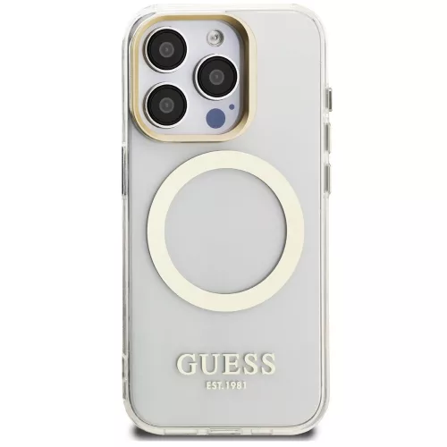 Guess IML Gold Outline Stand Camera Frame iPhone 15 Pro MagSafe hátlap tok kitámasztóval, átlátszó-arany