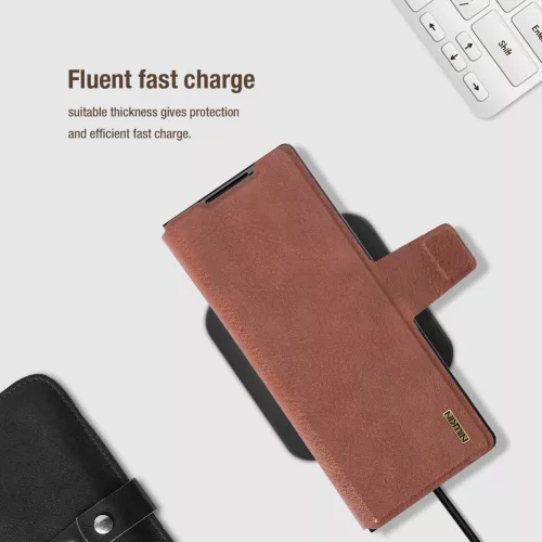 Nillkin Aoge Samsung Galaxy Z Fold 7 bőr mágneses oldalra nyíló tok, S Pen tartóval, barna