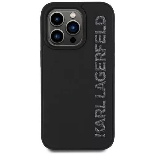 Karl Lagerfeld 3D Rubber Glitter Logo iPhone 15 Pro Max csillámos hátlap tok, fekete